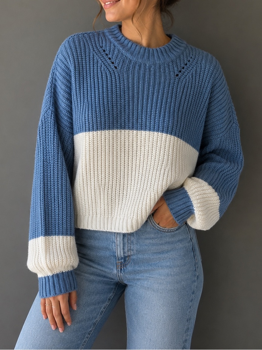 Terranova Blue & Cream Colorblock Chunky Knit Sweater XS